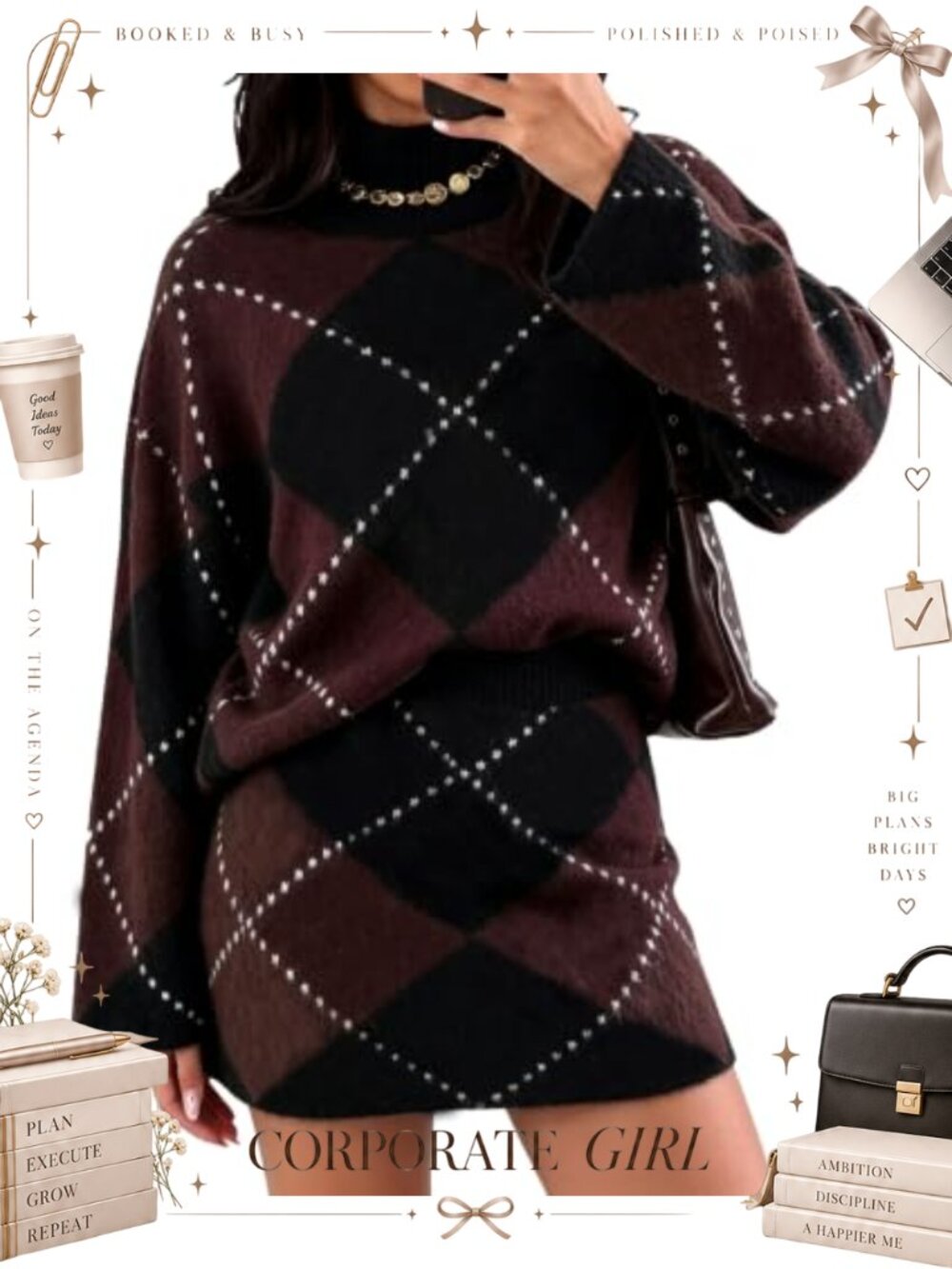 2 Piece Sweater Skirt Set Argyle Plaid Mock Neck Pullover Mini